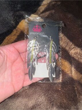 Paparazzi Silver Feather Drop Earrings with Lime Green Stones